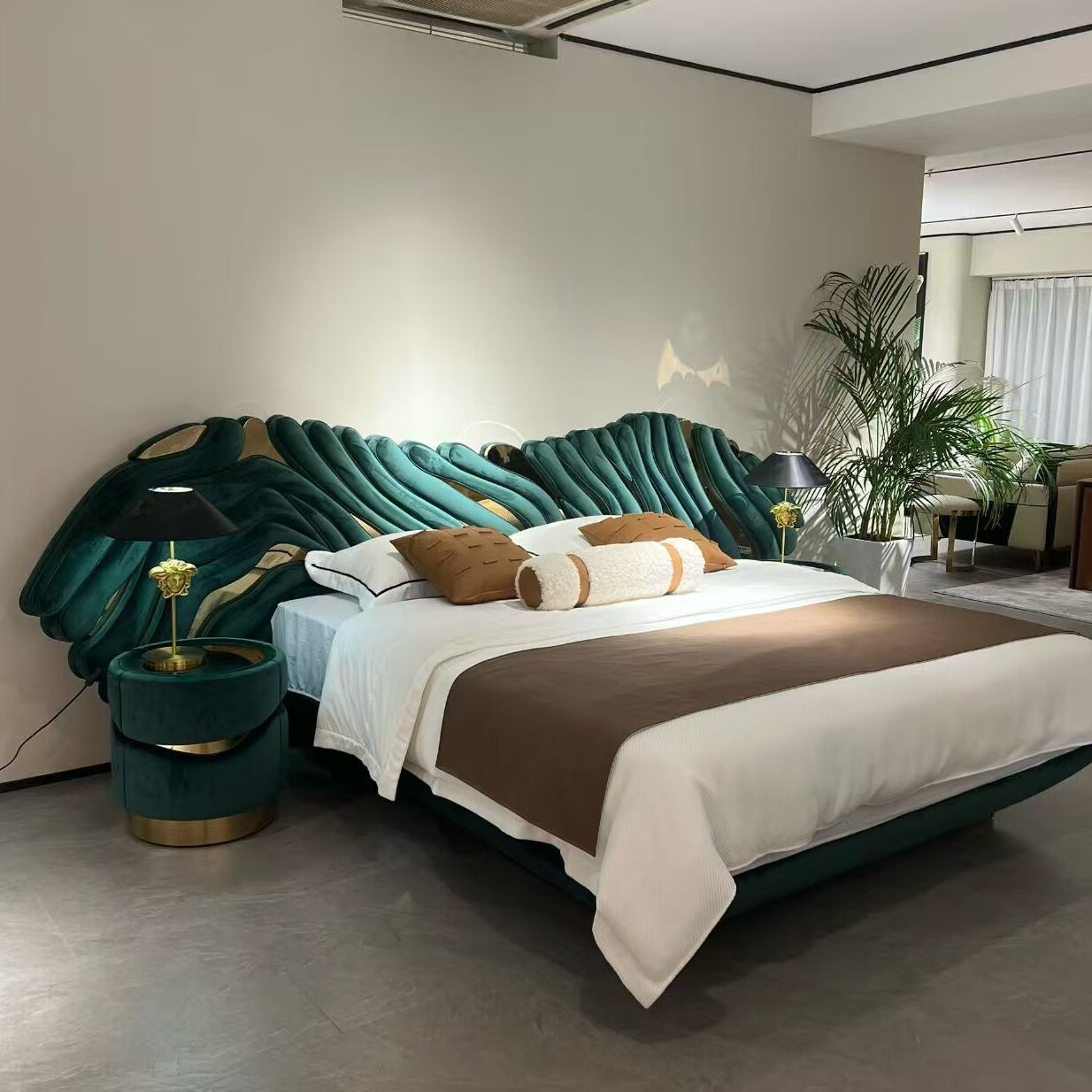 Modern Wave Sculpted Upholstered Bed Frame