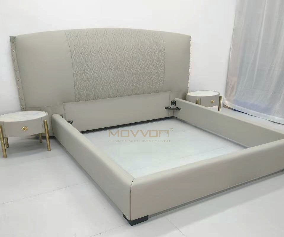 Luxury Geometric Leather Bed Frame with Gold Trim