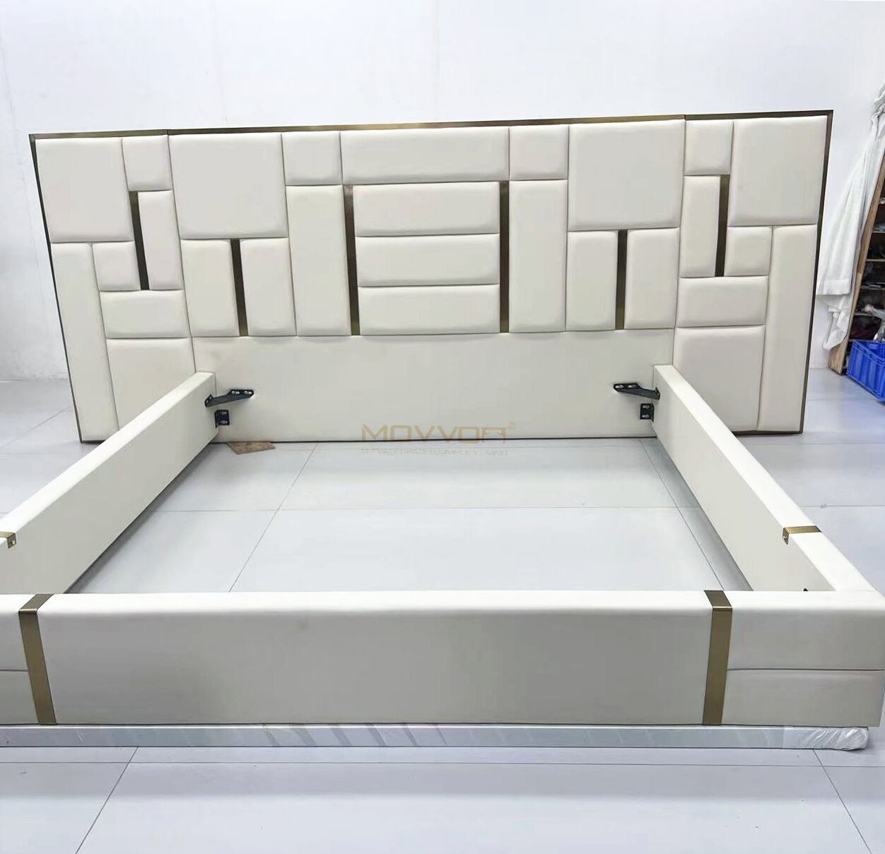 Beige Upholstered Bed with Integrated Nightstands for Contemporary Bedrooms