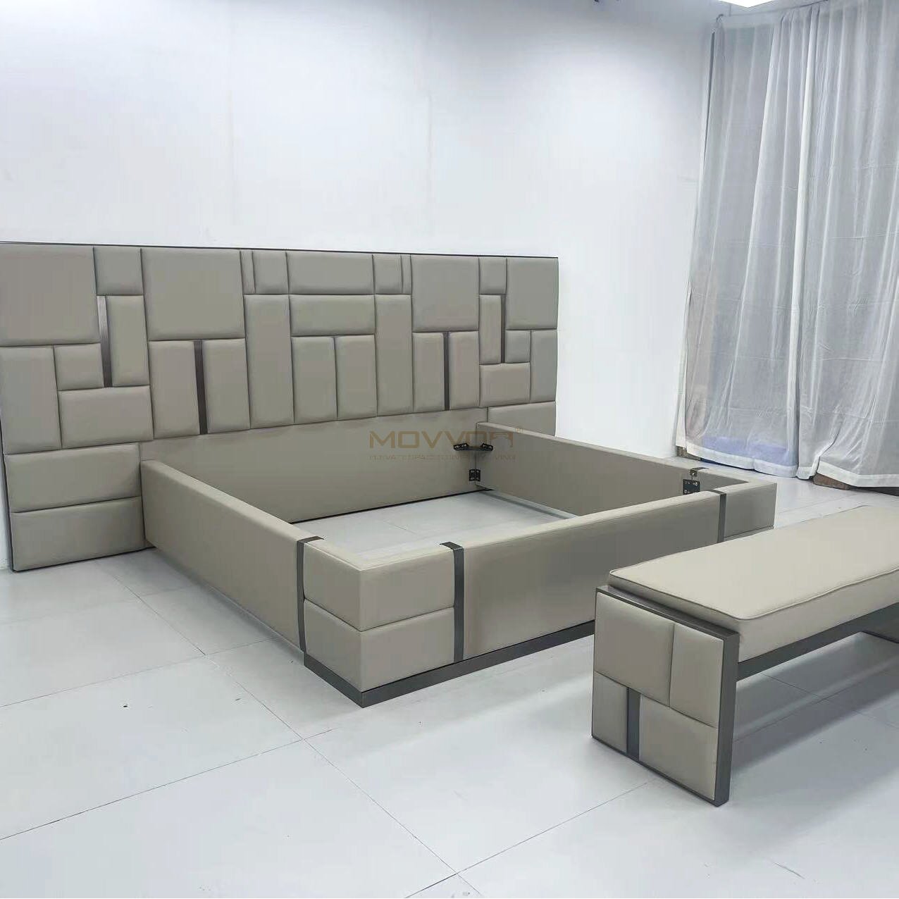Beige Upholstered Bed with Integrated Nightstands for Contemporary Bedrooms