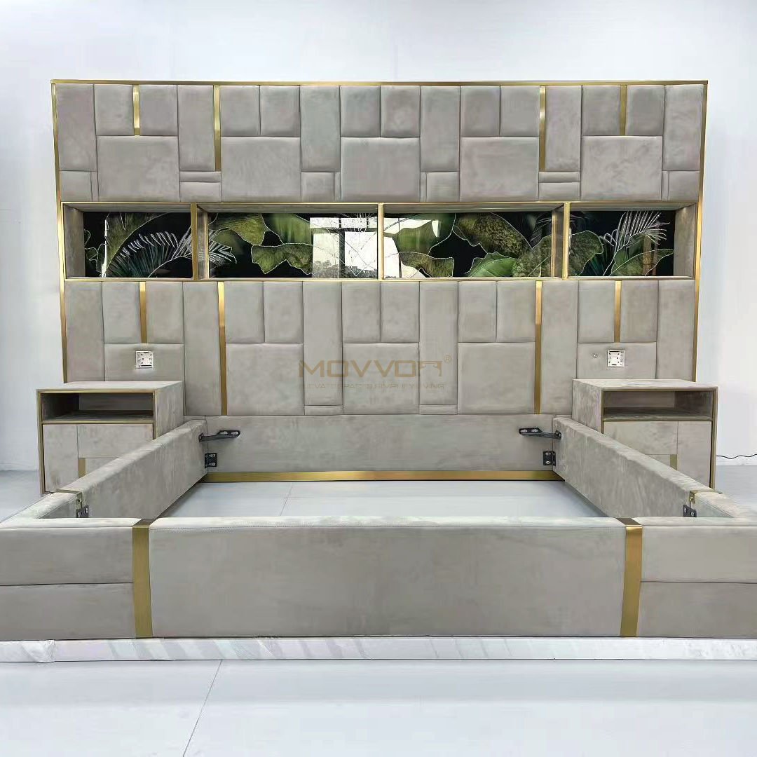 Grey Upholstered Bed with Decorative Glass Headboard Wall Panel