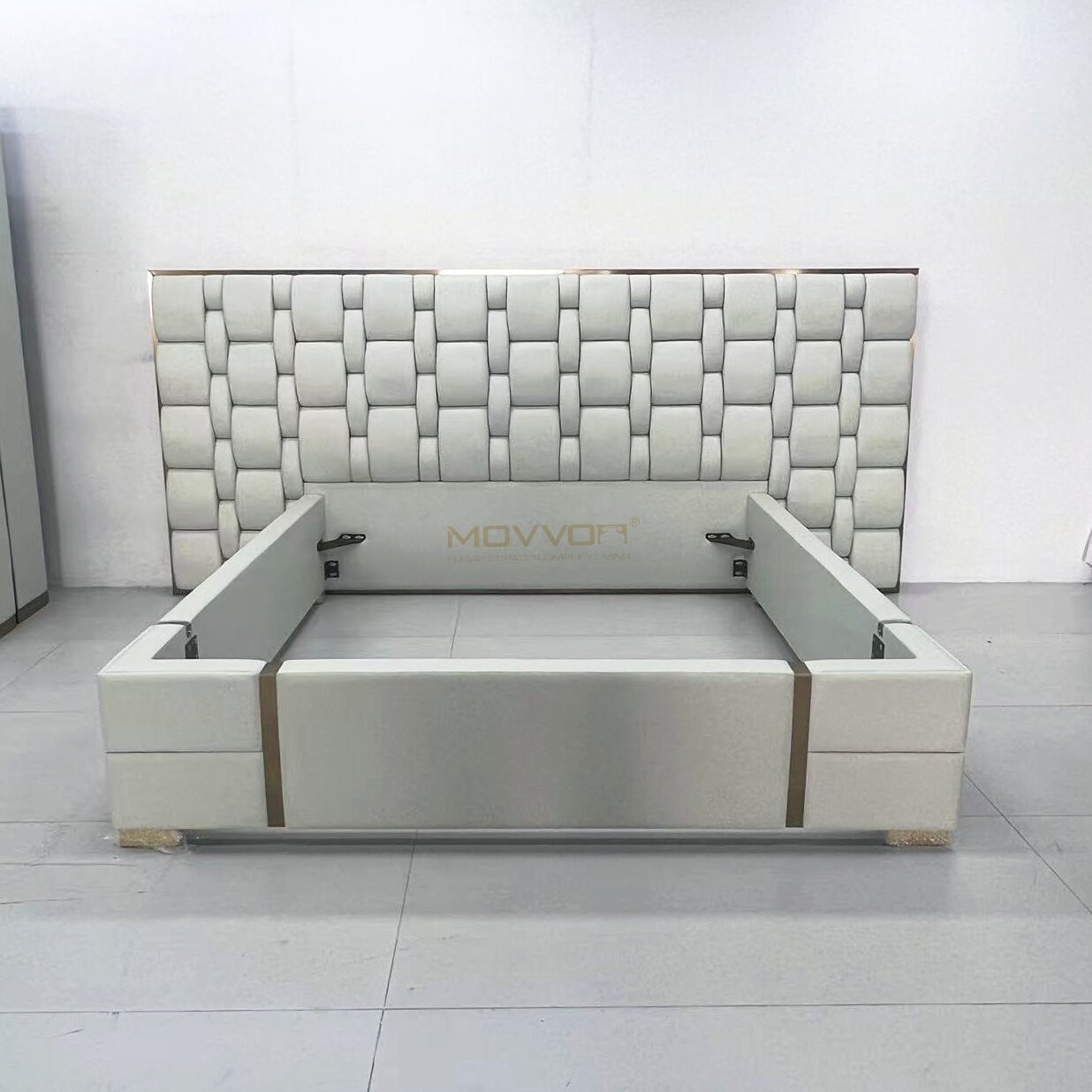 White Woven Upholstered Bed with Low Platform Frame and Gold Accents