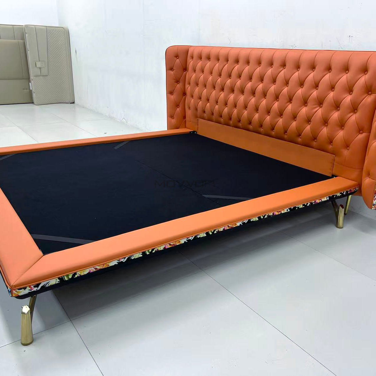 Cognac Orange Tufted Platform Bed with Slim Gold Legs