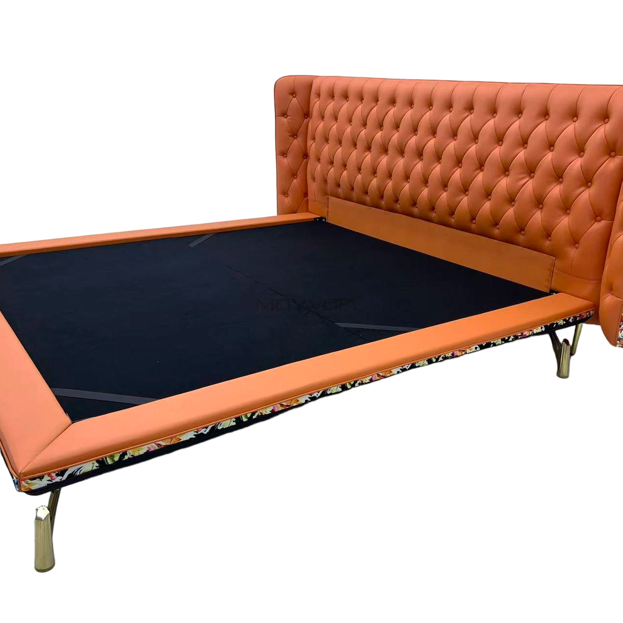Cognac Orange Tufted Platform Bed with Slim Gold Legs