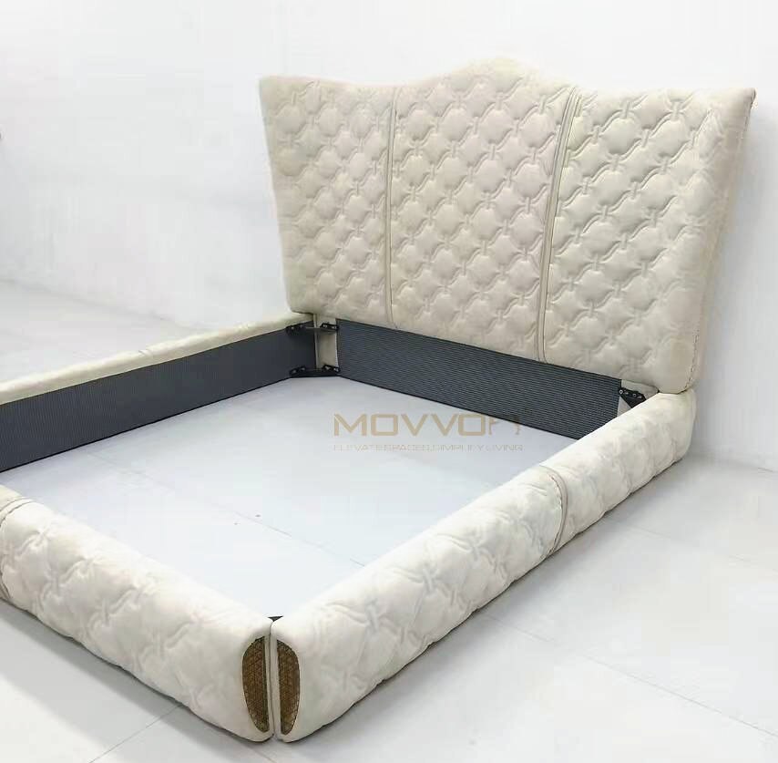 Quilted Upholstered Bed with Flared Headboard and Low Soft Frame