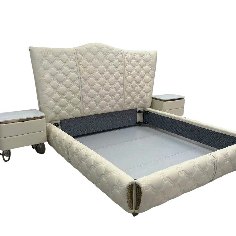 Quilted Upholstered Bed with Flared Headboard and Low Soft Frame