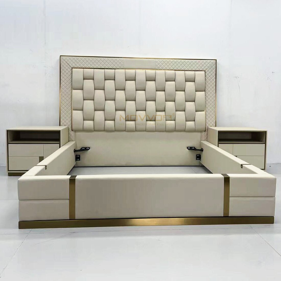 Framed Woven Upholstered Bed with Matching Nightstands and Gold Details