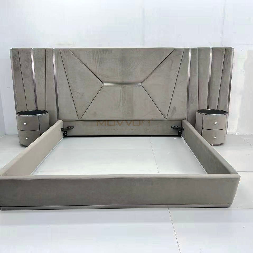 Grey Geometric Upholstered Bed with Wing Panels and Round Nightstands