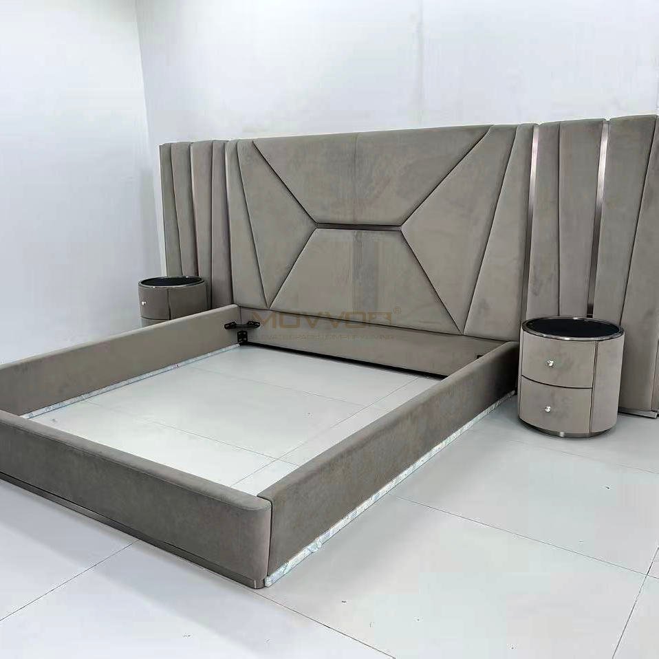 Grey Geometric Upholstered Bed with Wing Panels and Round Nightstands