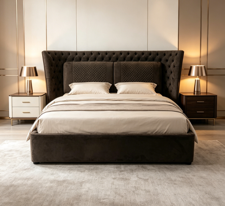 Dark Tufted Upholstered Bed with Quilted Backrest Panels