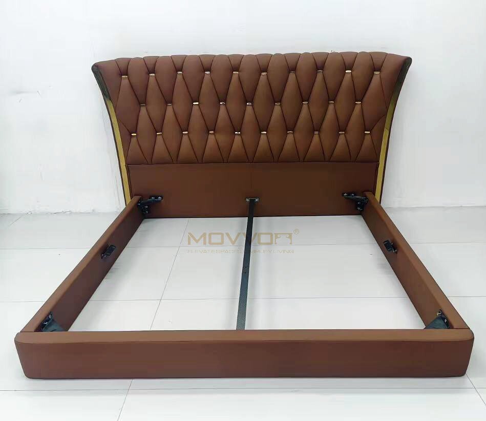 Cognac Brown Wingback Tufted Bed with Gold Side Trim