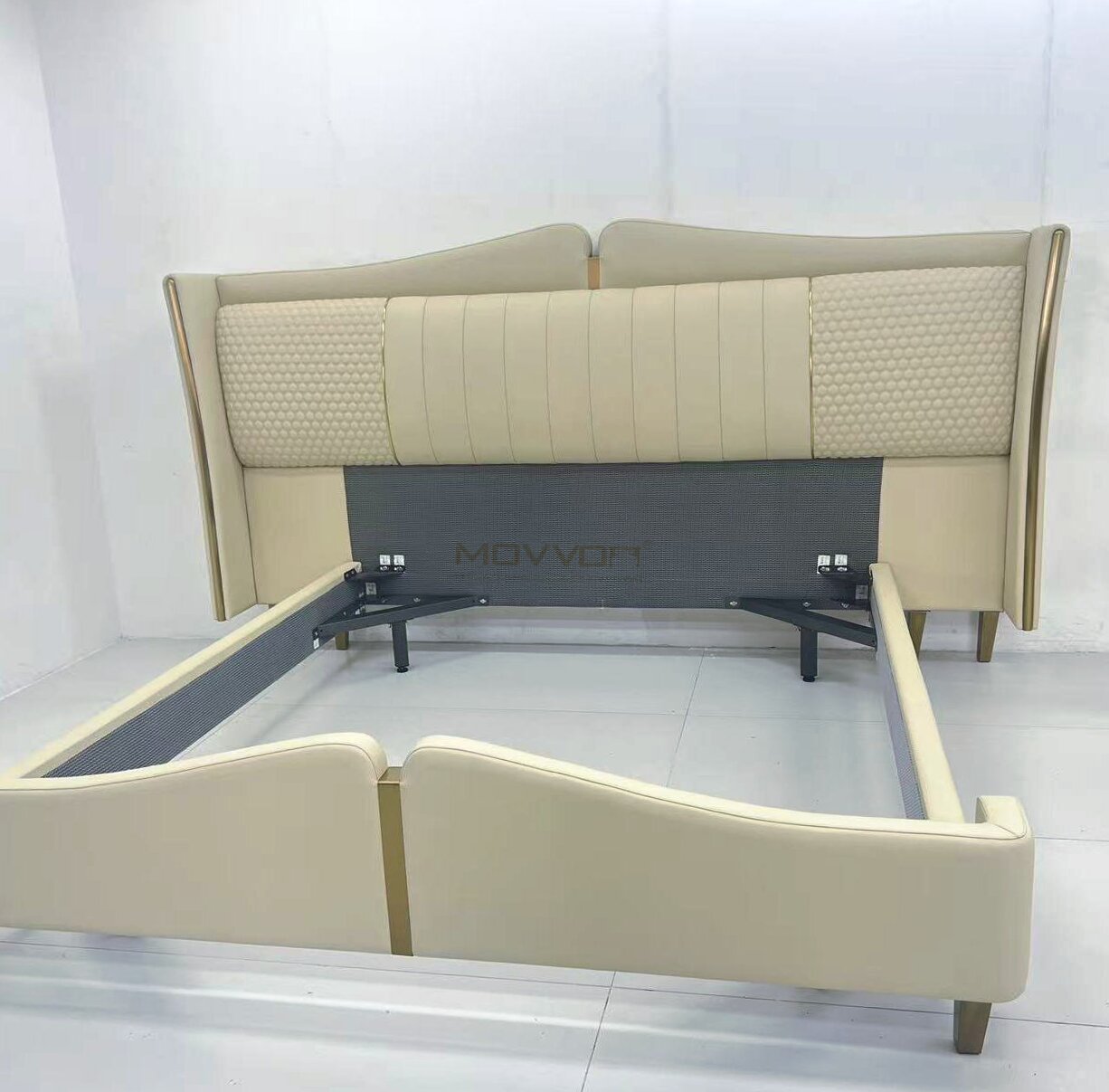 Warm Beige Upholstered Bed with Wave Headboard and Textured Panels