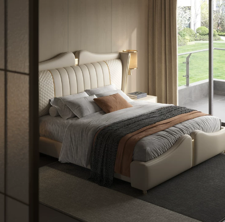 Warm Beige Upholstered Bed with Wave Headboard and Textured Panels