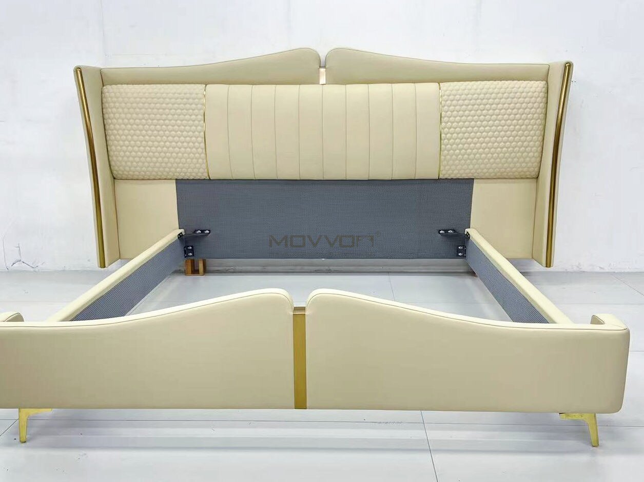 Warm Beige Upholstered Bed with Wave Headboard and Textured Panels
