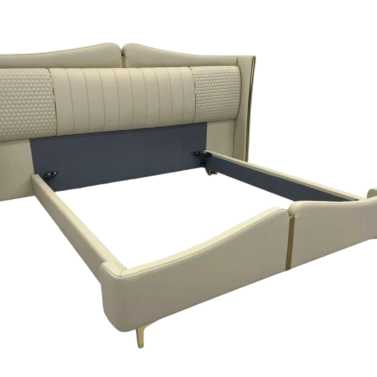 Warm Beige Upholstered Bed with Wave Headboard and Textured Panels