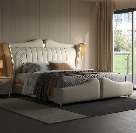 Warm Beige Upholstered Bed with Wave Headboard and Textured Panels