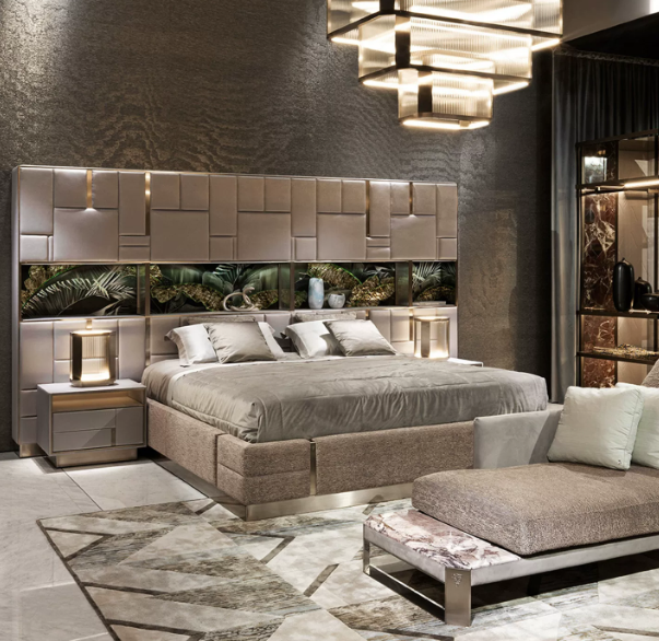 Grey Upholstered Bed with Decorative Glass Headboard Wall Panel
