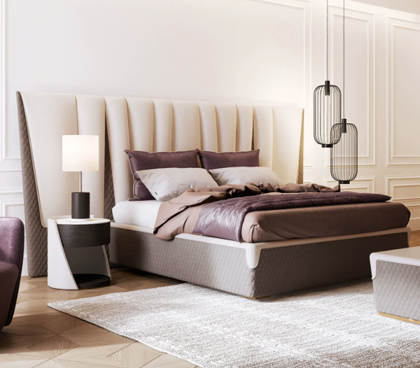 Ivory Upholstered Bed with Round Nightstands and Quilted Frame