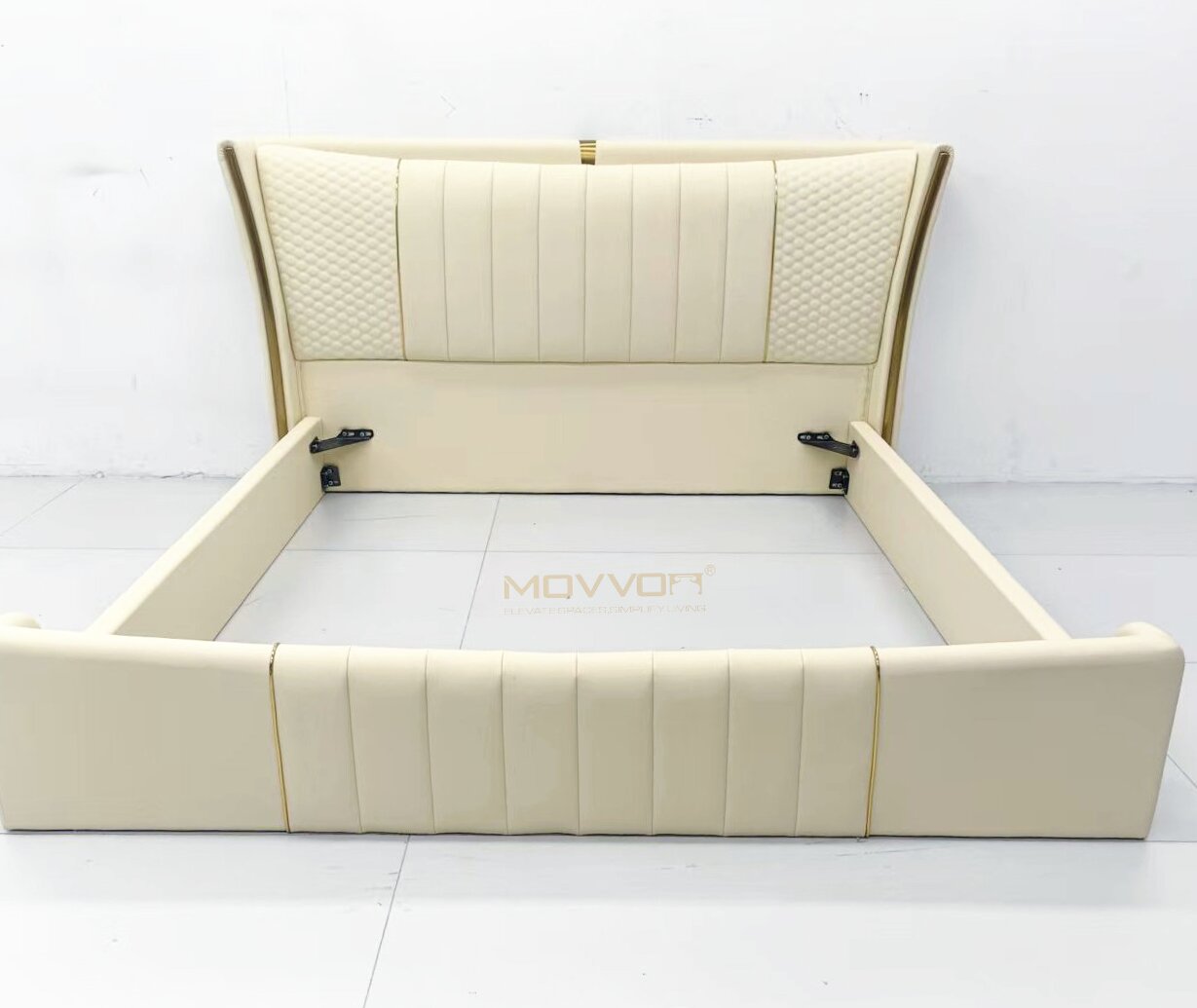Ivory Upholstered Bed with Wraparound Headboard and Gold Line Details