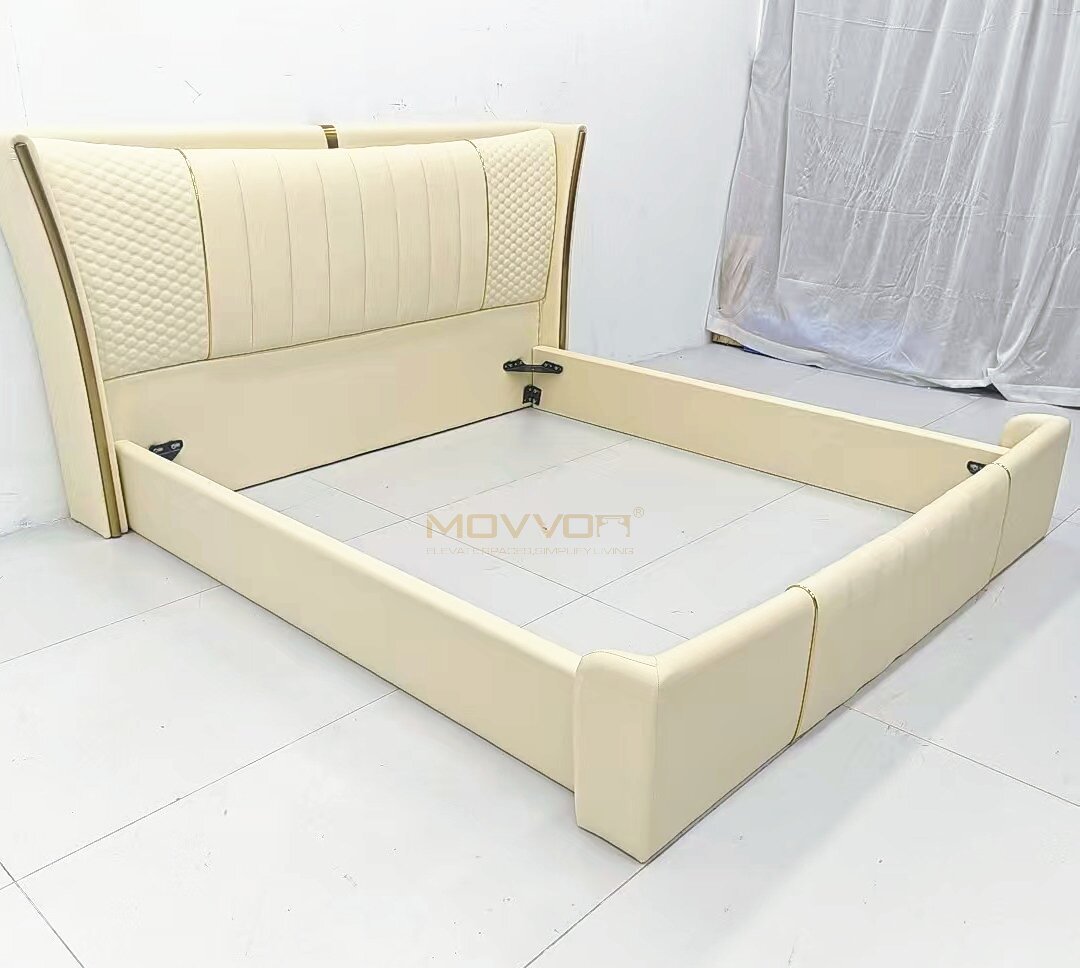 Ivory Upholstered Bed with Wraparound Headboard and Gold Line Details
