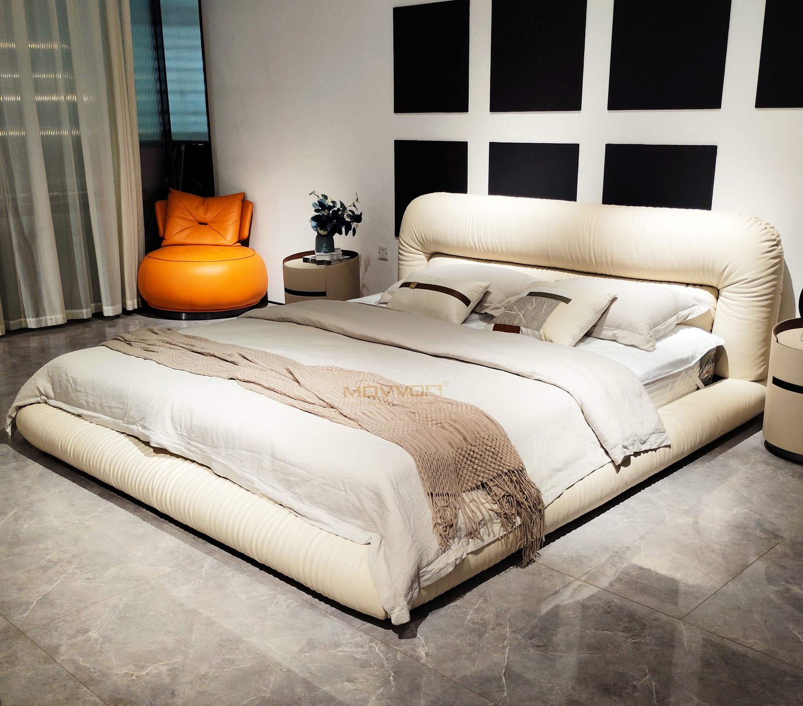 Warm Ivory Roll Cushion Upholstered Bed with Cloud-Like Low Frame