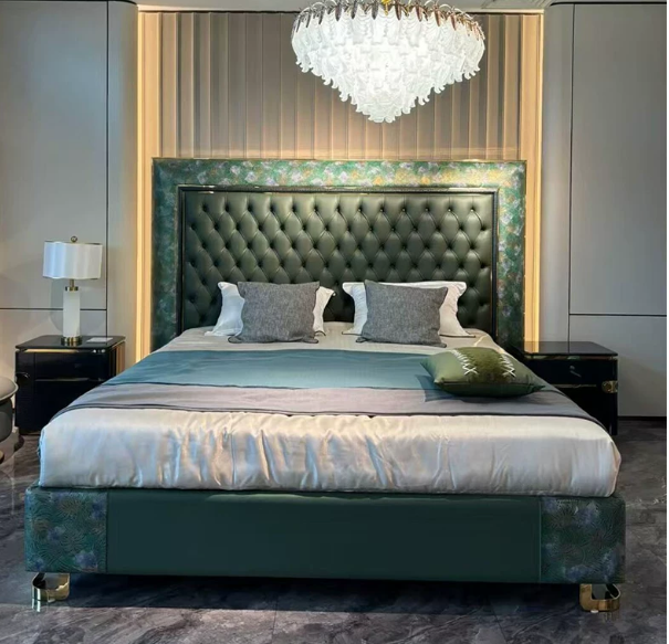 Dark Green Botanical Frame Tufted Bed with Low Platform Base