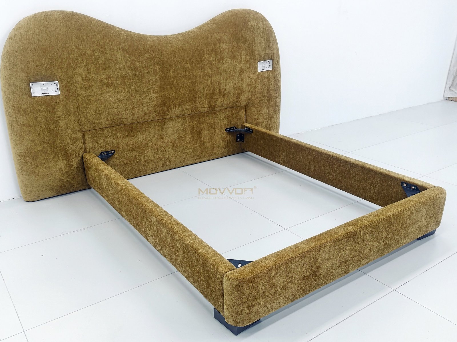 Mustard Velvet Cloud Headboard Bed with Rounded Low Frame