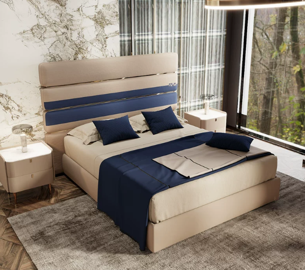 Champagne Beige Upholstered Bed with Navy Horizontal Headboard Band