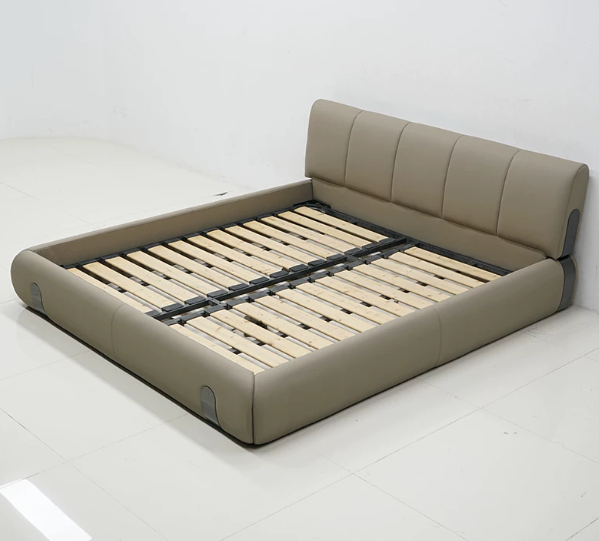 Greige Rounded Upholstered Bed with Segmented Cushion Headboard