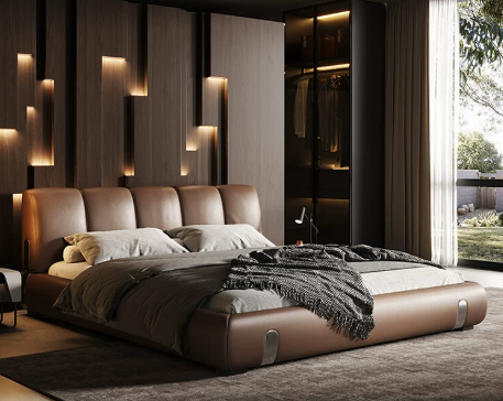 Greige Rounded Upholstered Bed with Segmented Cushion Headboard