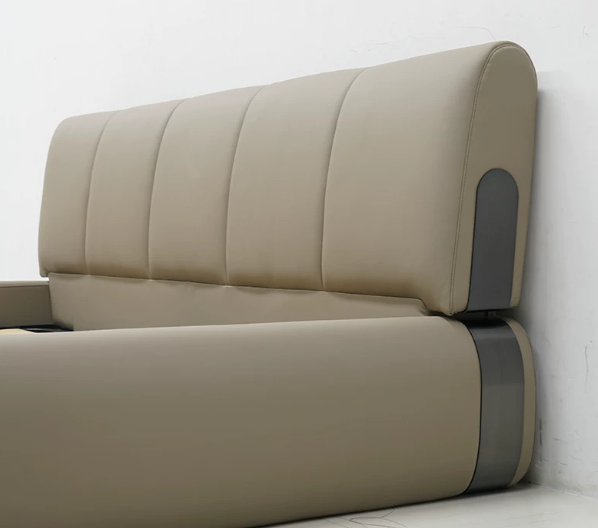 Greige Rounded Upholstered Bed with Segmented Cushion Headboard