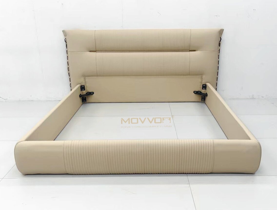 Warm Beige Ribbed Upholstered Bed with Low Rounded Frame
