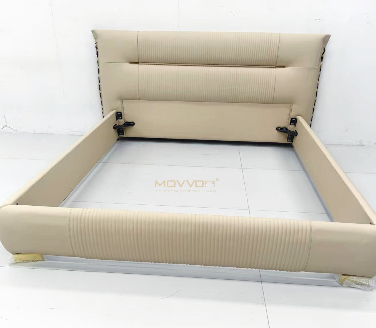 Warm Beige Ribbed Upholstered Bed with Low Rounded Frame