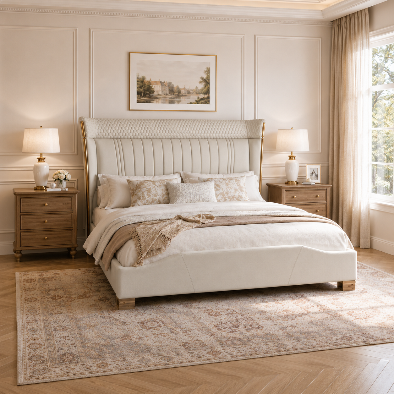 Ivory-Grey Pleated Upholstered Bed with Textured Headboard and Gold Side Rails