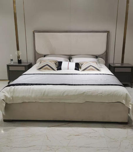 Ivory Two-Tone Upholstered Bed with Rounded Layered Headboard and Low Frame