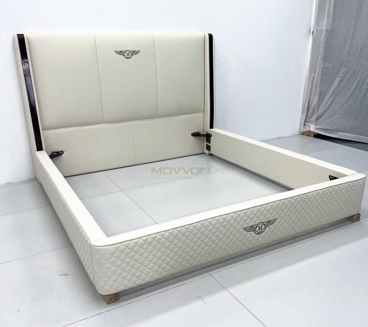 Ivory Quilted Platform Bed with Crest Detail and Side Rails