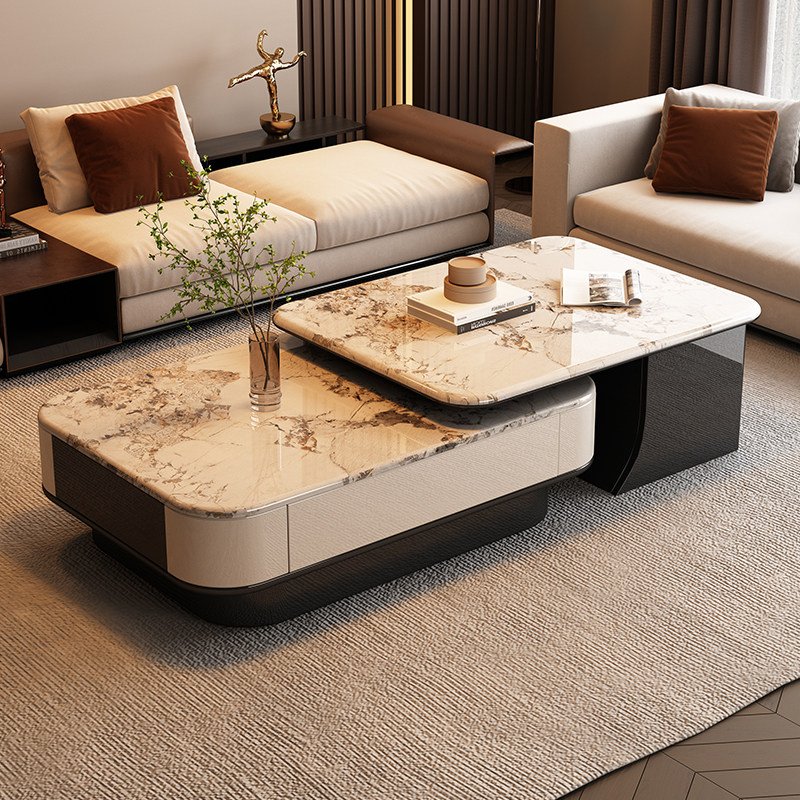 Offset Layered Marble Coffee Table with Drawer and Side Cabinet