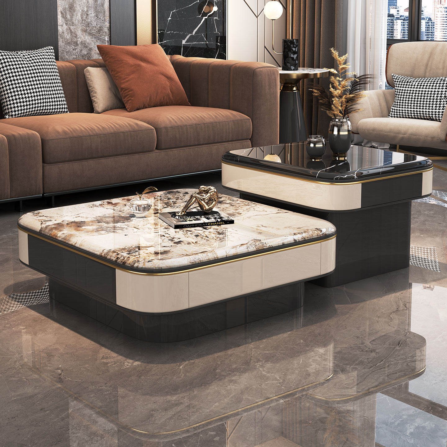 High-Low Twin Square Coffee Table Set with Marble Tops