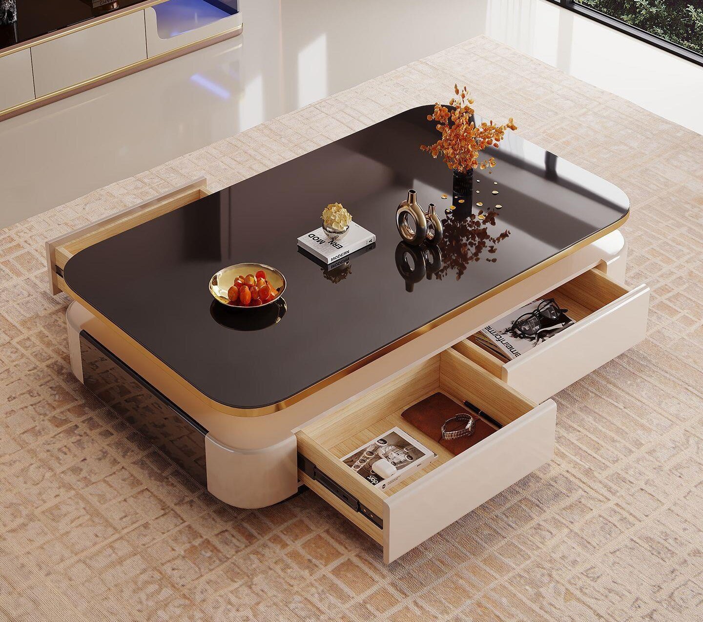 Floating High-Gloss Coffee Table with Double Drawers and Side Panels