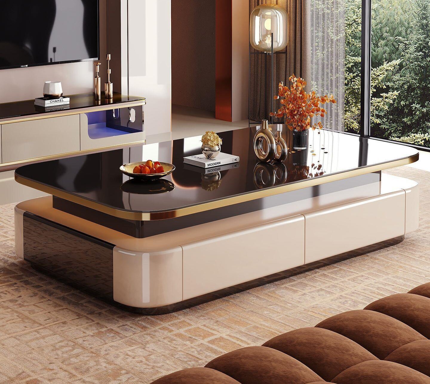 Floating High-Gloss Coffee Table with Double Drawers and Side Panels