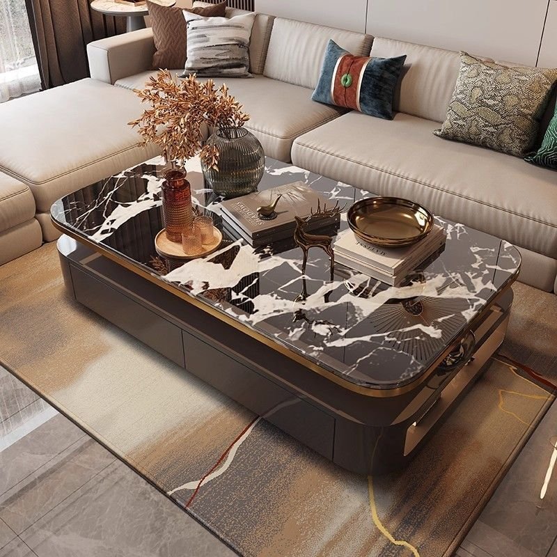 Dual-sided Drawer Coffee Table With Marble Top And Display Niche