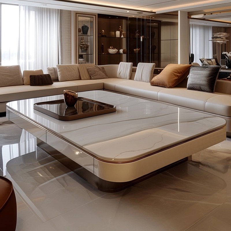 Multi-Side Drawer Coffee Table with Rounded Marble Top