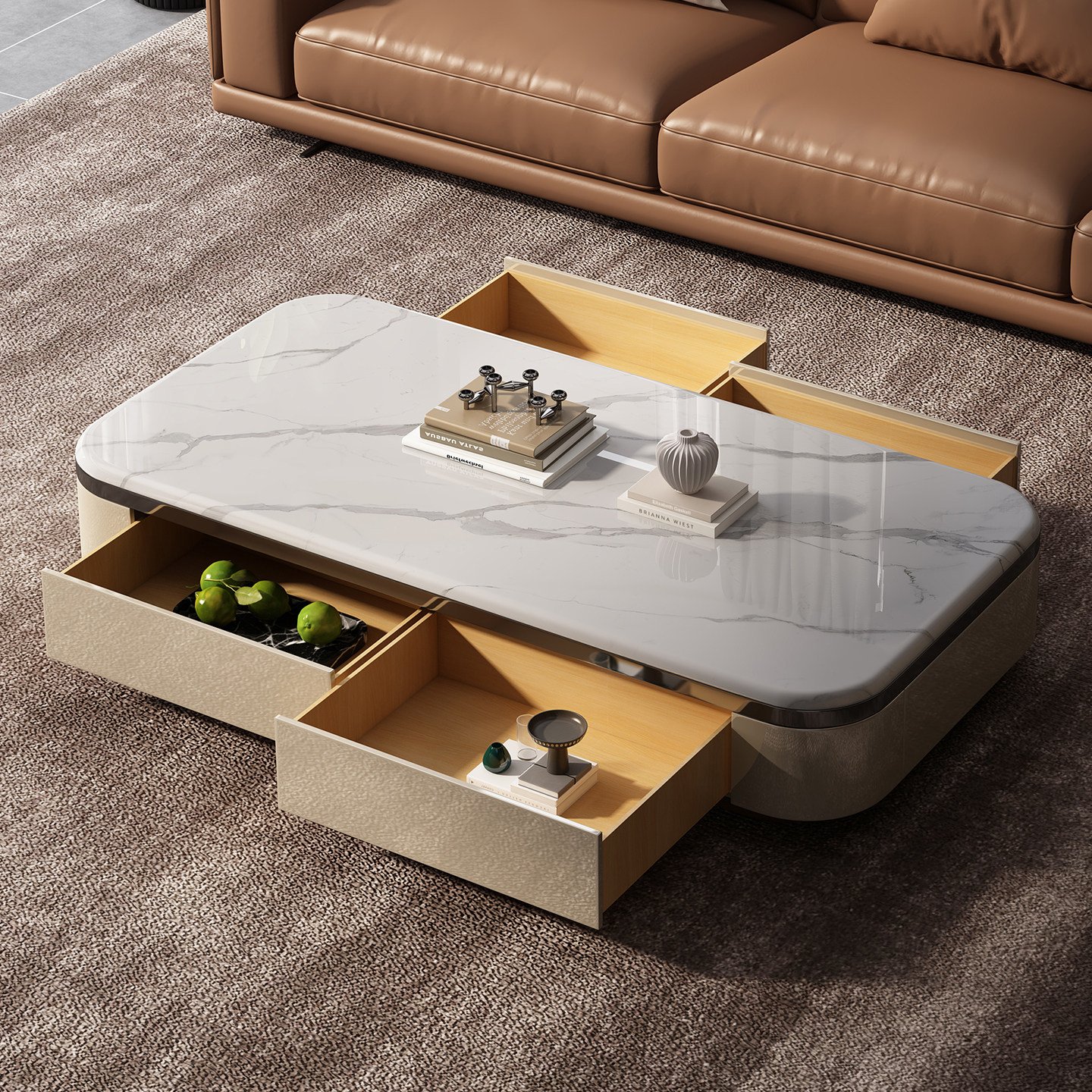 Multi-Side Drawer Coffee Table with Rounded Marble Top