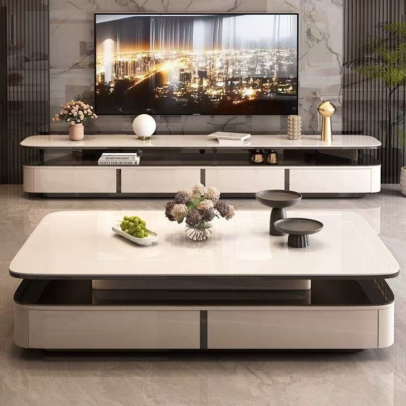 TV-Matching Low Coffee Table with Marble Top and Hidden Storage