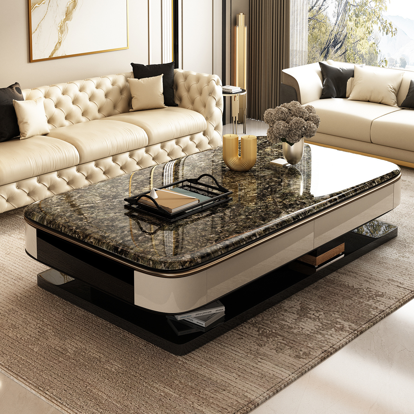 Floating Marble Slab Coffee Table with Open Gallery Base