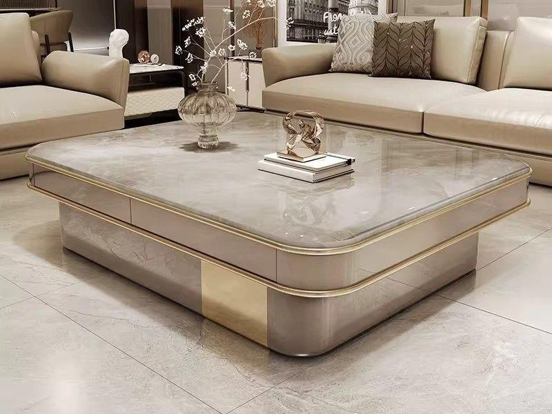 Rounded Solid Wood Coffee Table with Multi-Drawer Storage