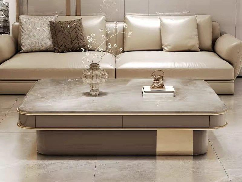 Rounded Solid Wood Coffee Table with Multi-Drawer Storage