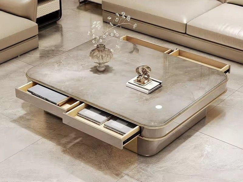 Rounded Solid Wood Coffee Table with Multi-Drawer Storage