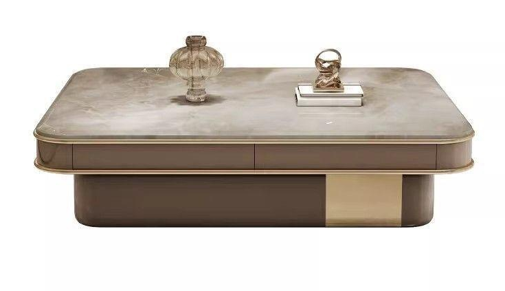 Rounded Solid Wood Coffee Table with Multi-Drawer Storage
