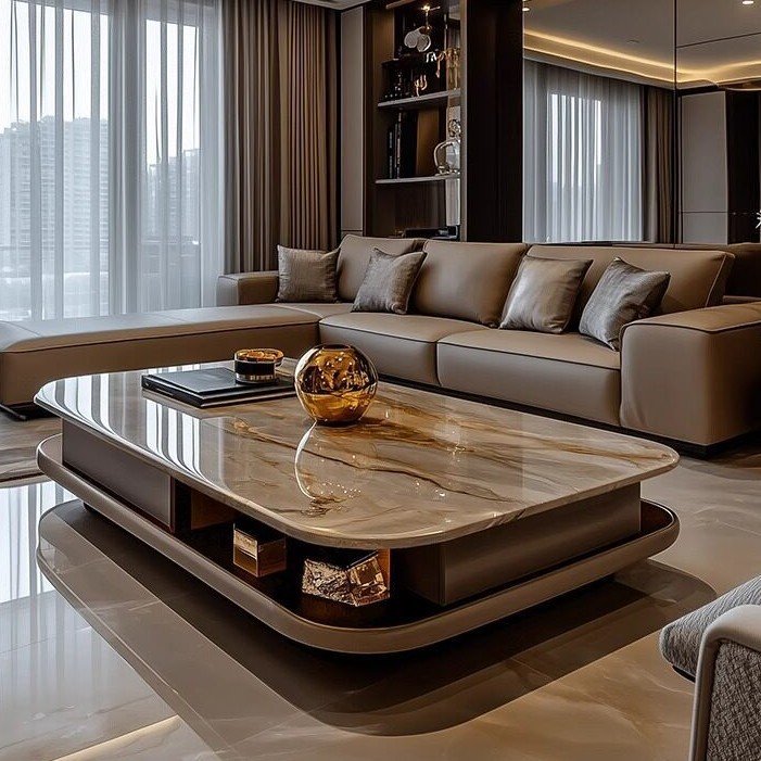 Raised Marble Top Coffee Table with Recessed Display Compartments
